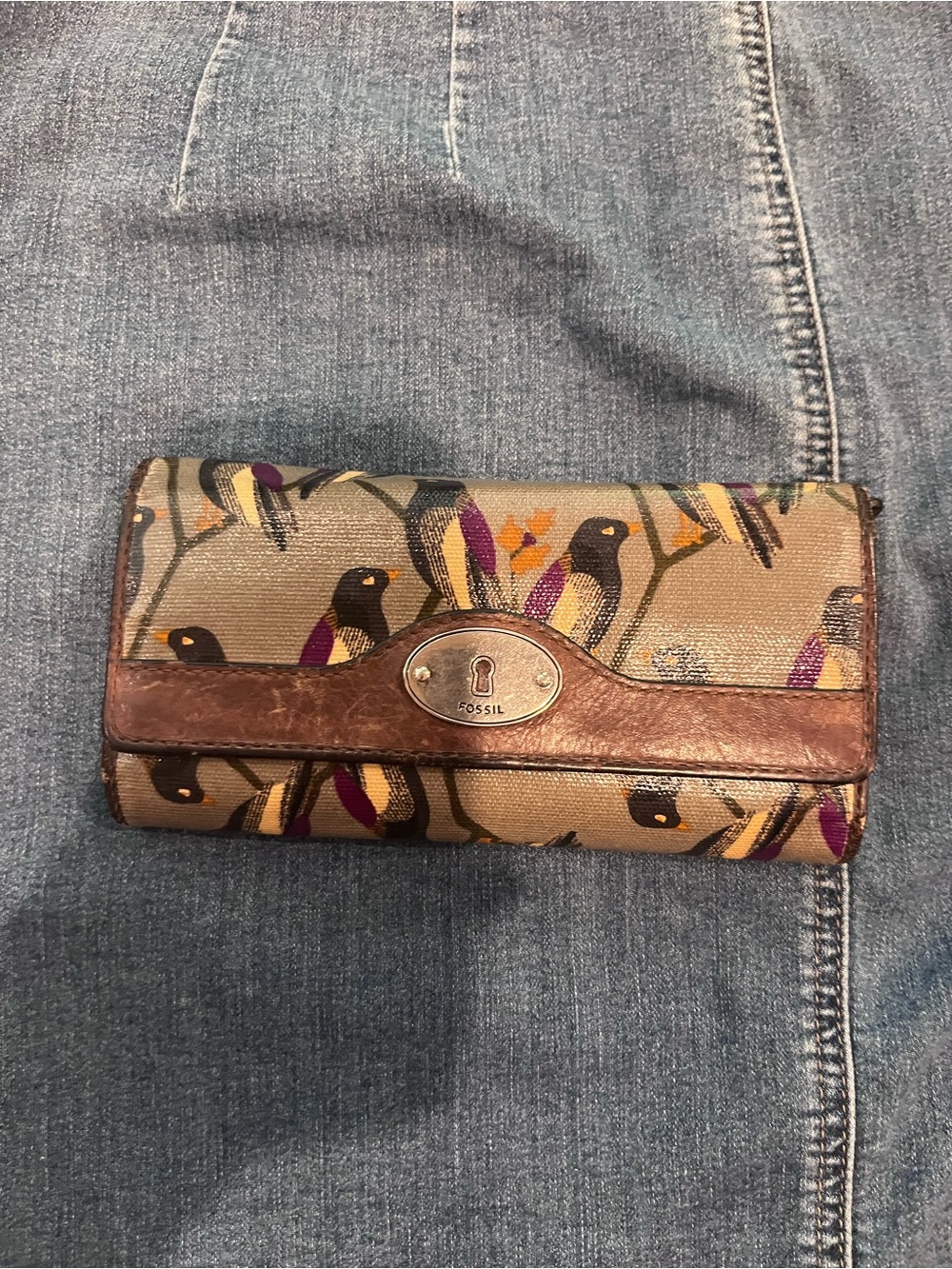 Fossil Bird-Print Key Per Wallet with Brown Leather Trim